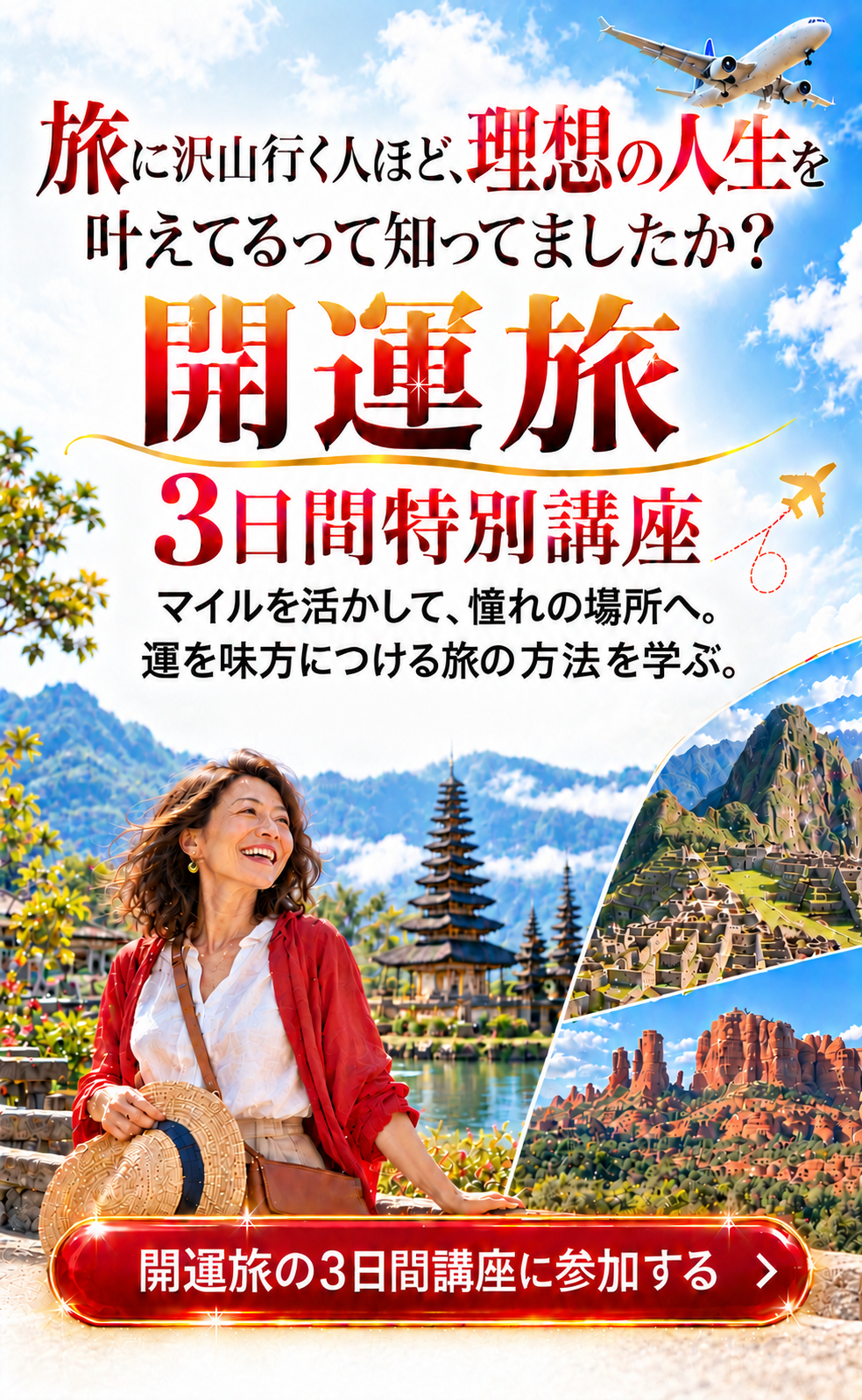 開運旅 3日間特別講座
旅に沢山行く人ほど、理想の人生を
叶えてるって知ってましたか？

開運旅
3日間特別講座
マイルを活かして、憧れの場所へ。
運を味方につける旅の方法を学ぶ。

開運旅の3日間講座に参加する